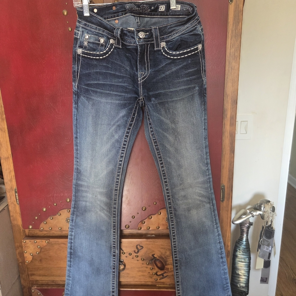 Miss Me Dark Blue Flared Wide-Leg Jeans with Contrast Stitching